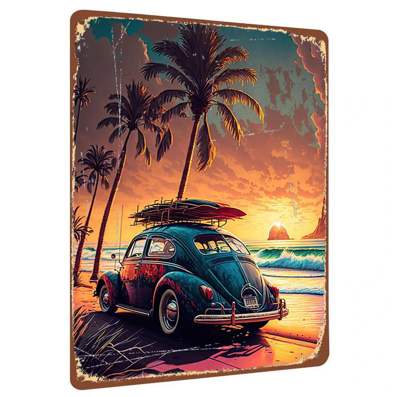 Vintage Surf Car Sunset Beach Metal Wall Art Home Decor Living Room Bedroom Hanging Painting