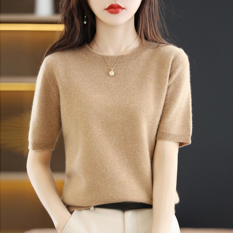 INDFS Women's Fashion Casual Summer Spring Solid Color Print Short Sleeve O-Neck Blouses & Shirts