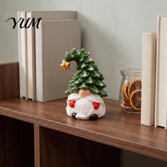 Double Sided Printed Decorations Christmas Gnome Figurine, Resin Tomte with Tree Hat & Reindeer Wooden Ornaments Antlers, Holiday Tabletop Decor