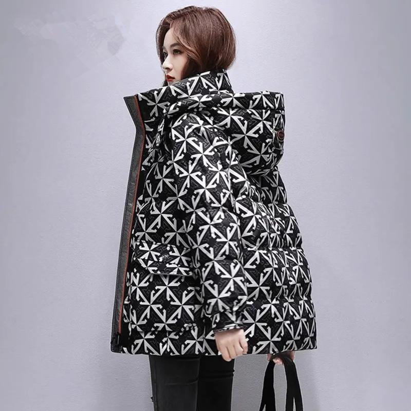 Mid Length Down Cotton Jacket for Women's Winter New Fashionable Standing Collar Hooded Winter Clothing
