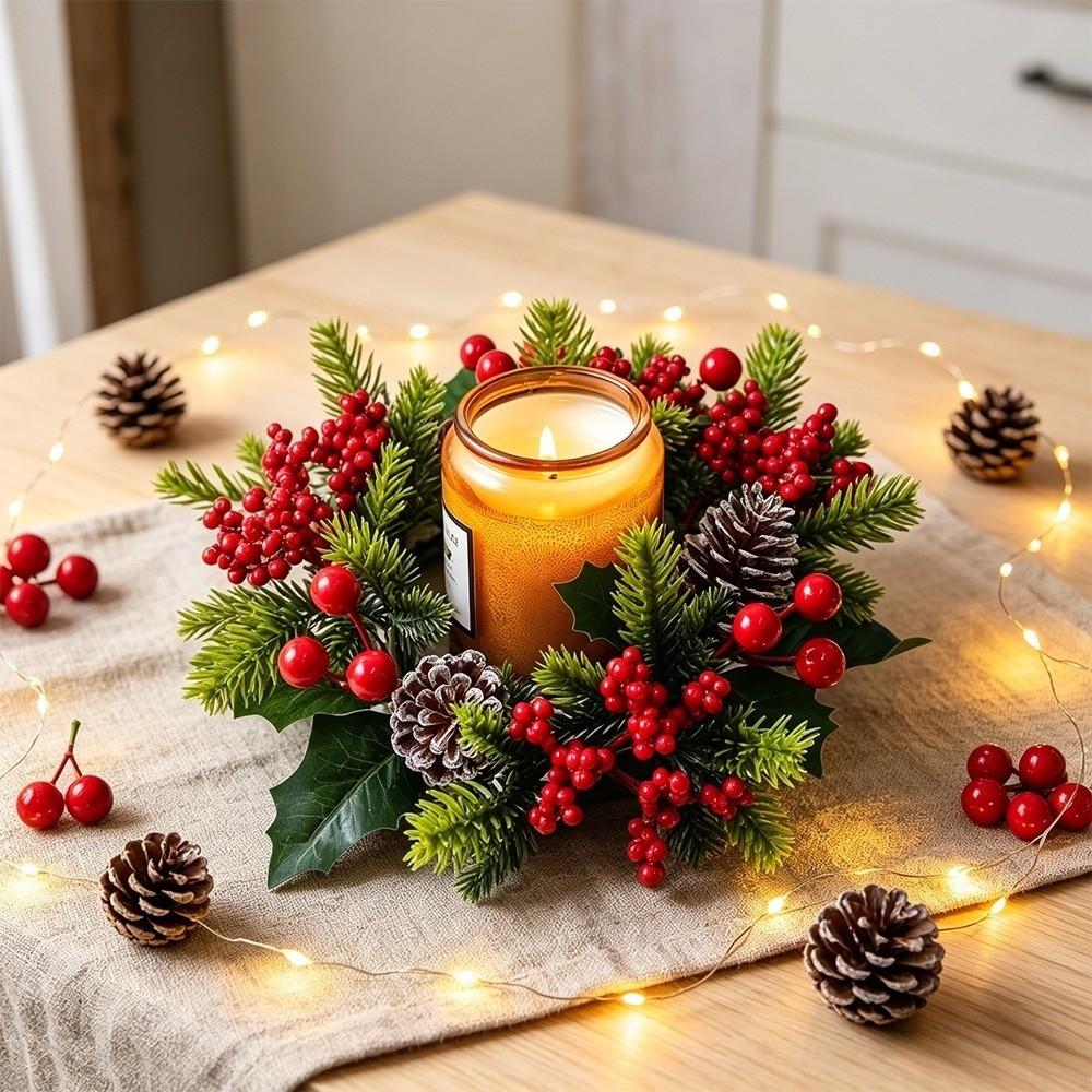 Plastic Christmas Candle Ring Artificial Pine Needle Table Centerpiece Holiday Dinner Table