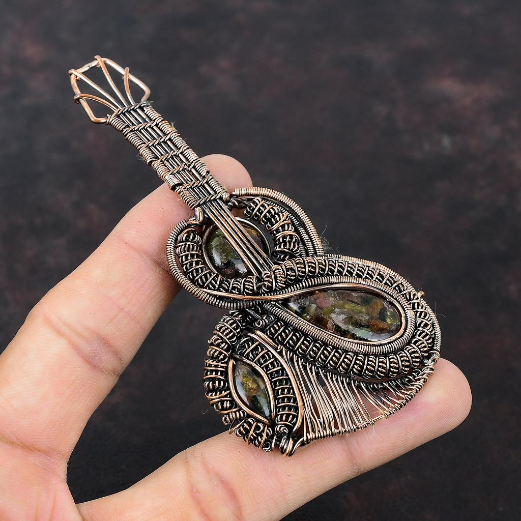 Подвеска с арбузным турмалином, медная проволочная обертка, ювелирное изделие, подвеска с драгоценными камнями, гитара, медная подвеска, ювелирное изделие ручной работы, проволочная обертка, кулон для подарка