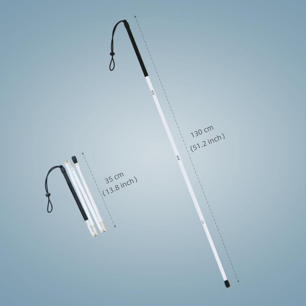 Алюминиевая складная белая трость с четырьмя секциями и двумя наконечниками для слабовидящих и слепых (Черная рукоятка, 130 см)