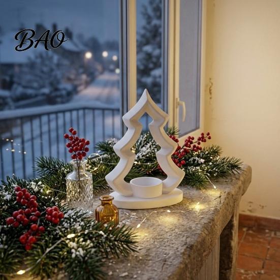 Christmas Party Decor Tree Candle Holder, 3D Printed Tealight Stand, Rustic White Ornament Farmhouse Dining Table Centerpiece for Holiday Table,