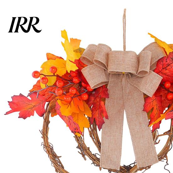 Waterproof Autumn Garland Fall Artificial Maple Leaf Wreath for Front Door, Thanksgiving Rattan with Ring Berries And Burlap Bow Harvest Door