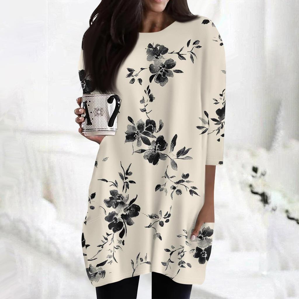 Женские повседневные рубашки с рукавами 3/4, модные туники с принтом, топы с карманами
