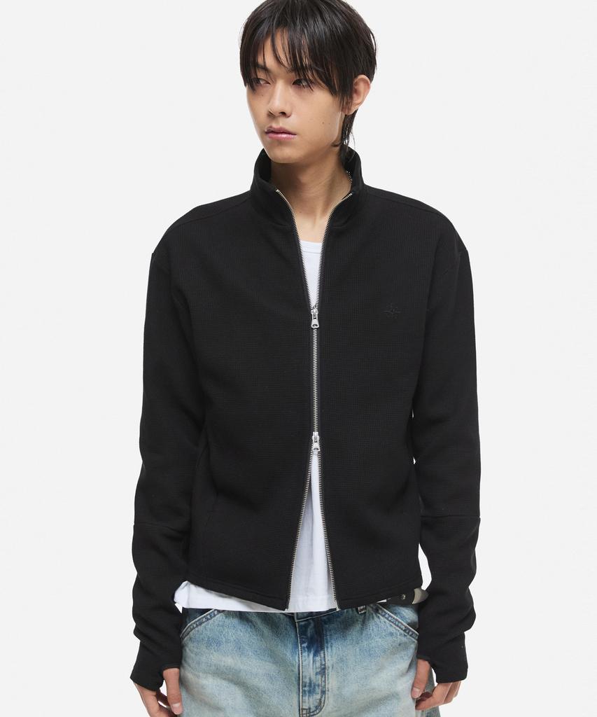 DNSR Fingerhole Crop Waffle Zip-Up Black