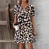 Женское летнее платье с коротким рукавом, V-образным вырезом, леопардовым принтом, для отпуска, пляжное, цельное