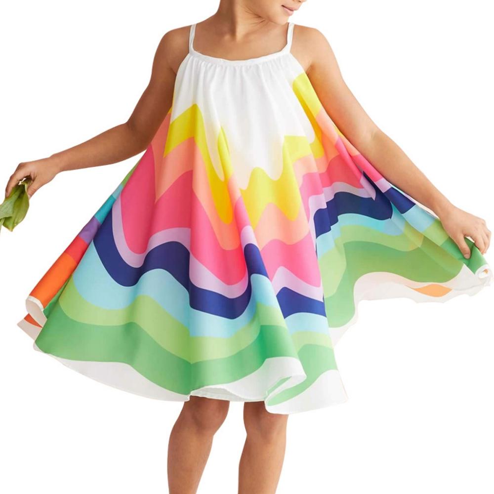Платье на бретельках в радужную полоску для девочек, детская одежда, повседневная одежда, пляжное платье от солнца