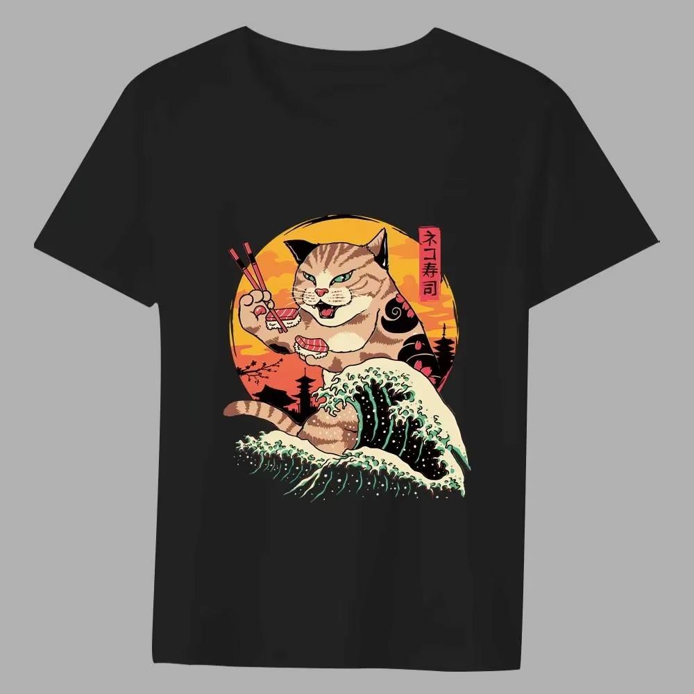 Men Summer T-shirt Basic Print Tops Japan Anime Genki Cat Series Casual O-neck Fashion Men Commuter Comfortable Tees