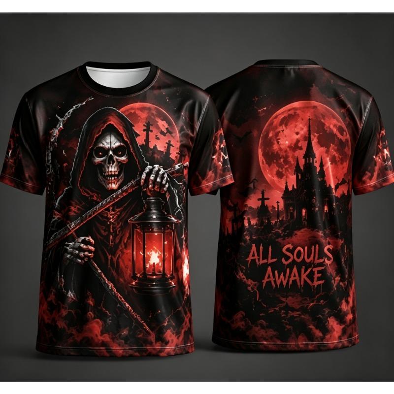 Men Halloween 3D Print T‑Shirt Anime Witch Girl Pumpkin Bat Orange Castle Moon Graphic Short Sleeve Party Tops