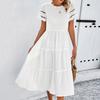 Women Dress Hollow Out Short Sleeves O Neck A-line Loose Hem Pleated Patchwork Solid Color Elastic
