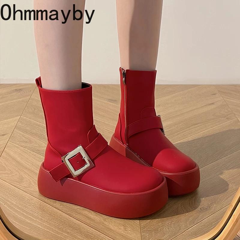 Модные женские короткие сапоги на толстой подошве с пряжкой на ремне, водонепроницаемые туфли на платформе, осень-зима, женские ботильоны