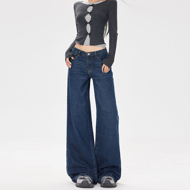 American retro low-rise jeans spring design pockets loose drape wide-leg straight jeans trousers