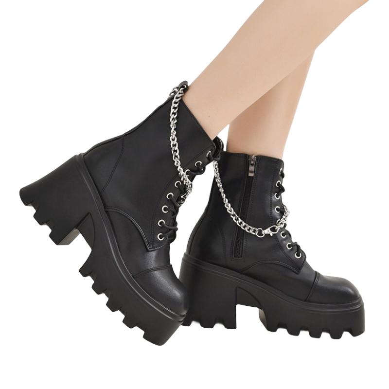 Winter Oversized Gothic Black Boots Women's High Heels Sexy Chain Thick Heel Thick Sole Women's Boots