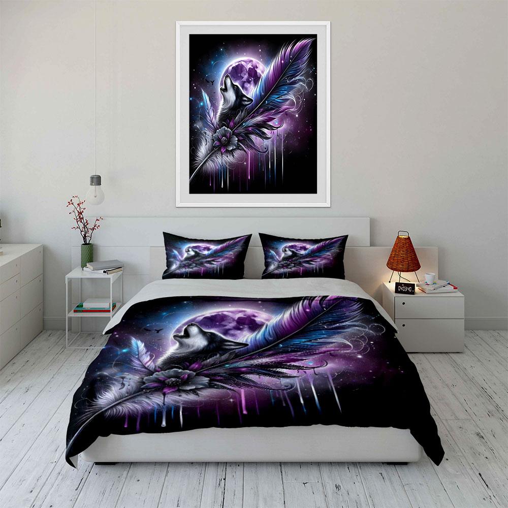 Wolf-Moon Feather Decor Set Multiple sizes kid's and adults' bedroom Exquisite 3PC bedding set, gift