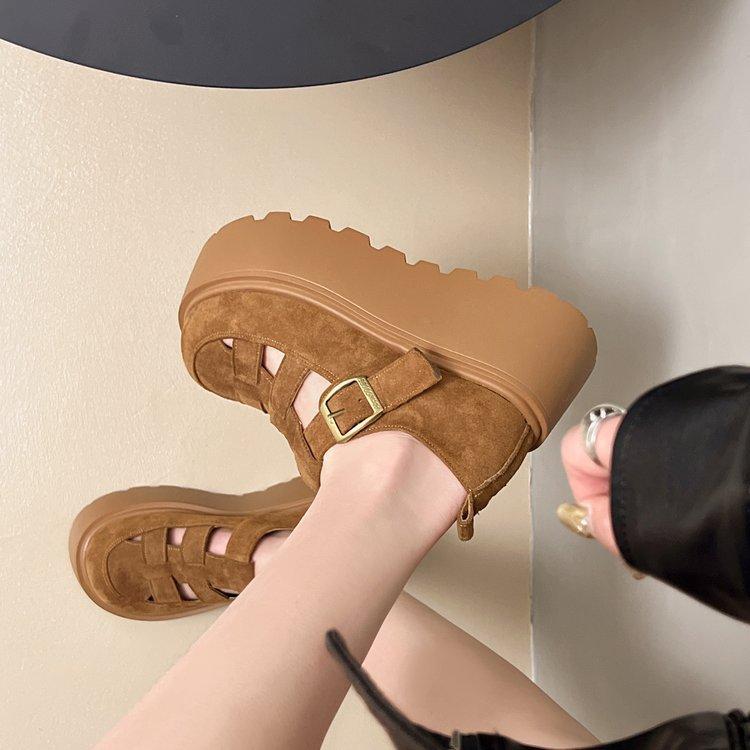 Туфли на толстой подошве с полыми отверстиями, увеличивающие рост, новые весенне-летние туфли Мэри Джейн, одинарные туфли с сумкой на мыске, сандалии