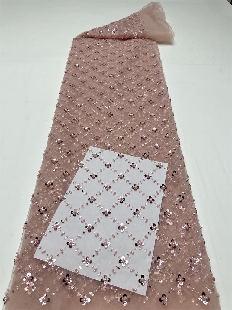 Золотая африканская кружевная ткань из тюля 2025 Французская сетка с пайетками Ткань для шитья Вышивка бисером Кружево Тюль Сетка Нигерия Платье 5 ярдов