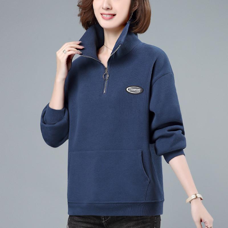 Женский утолщенный бархатный пуловер с застежкой-молнией на половину длины - модная свободная толстовка с воротником-стойкой на осень/зиму 2023 года