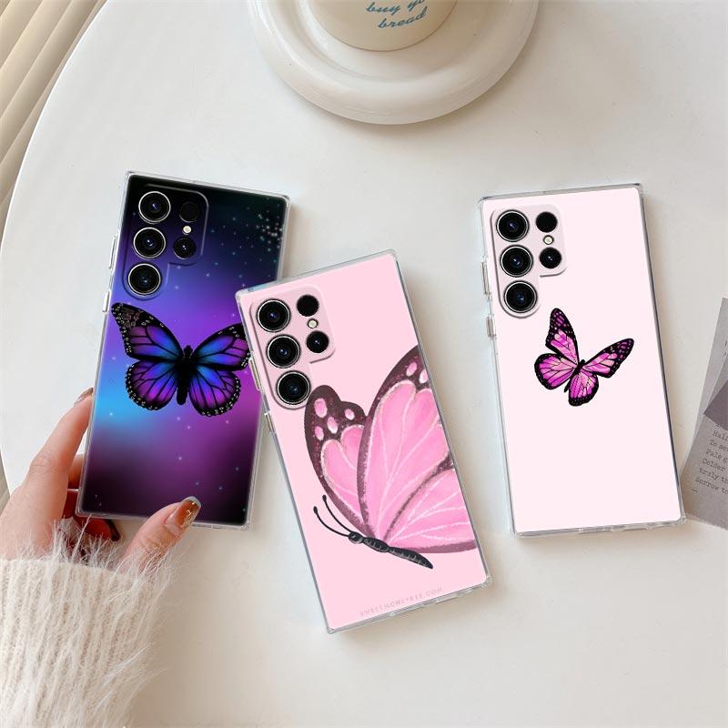 Beauty Pink Butterfly Phone Case S25Ultra For Samsung Galaxy S25 S24 S23 S21 Ultra S20 FE S22 Plus A35 A55 5G Case Clear Cover