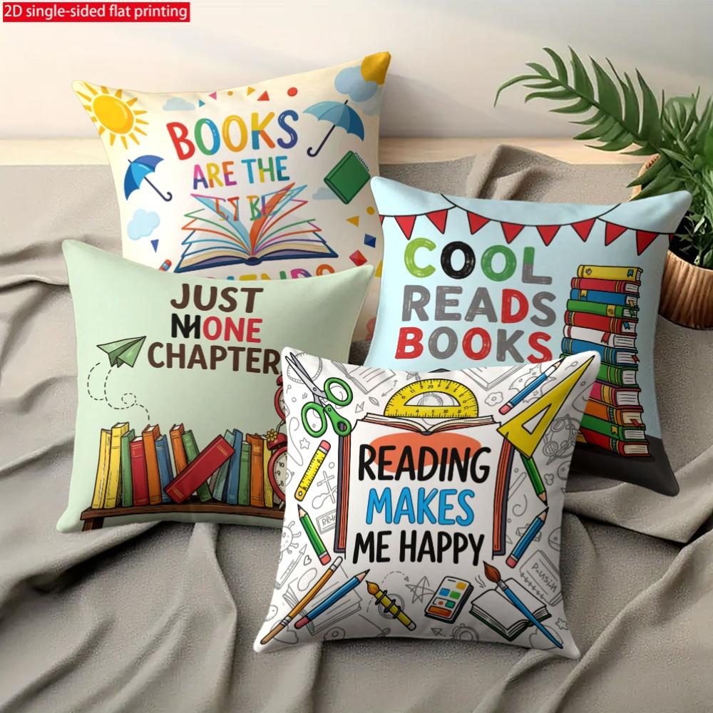 2D Flat - 4pcs Pillowcase, Cushion Covers, 2D Flat Printing, Home And Kitchen Supplies, Bedding, Home Decor, Book-Themed Covers, with Colorful Book Il