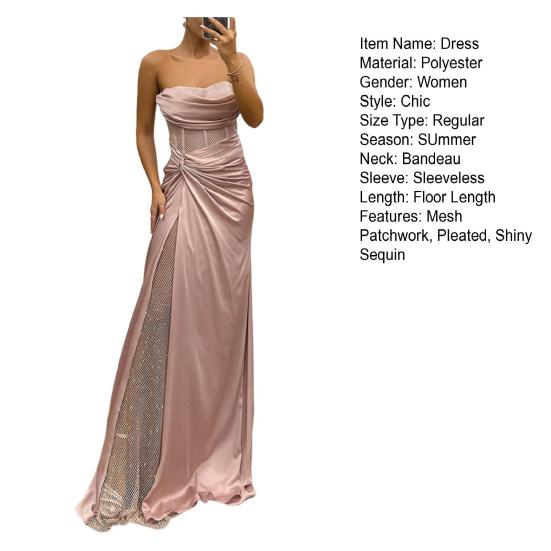 Lady Evening Dress Bandeau Off Shoulder Sleeveless Pleated Knot Mesh Patchwork Shiny Sequin Ball Gown Satin Floor Length Banquet Prom Maxi Dress