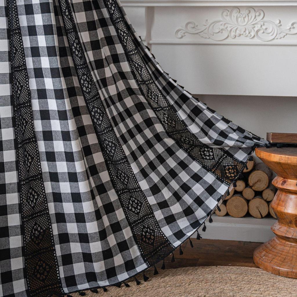 Imanqi Yun Coffee-Beige American Style Kitchen Curtains – Printed, Patchwork, Semi-Blackout with Tassels