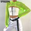 Streetwear Neon Green Mesh Fishnet Tops Women Perspective Long Sleeve T-Shirts Solid Casual Cropped Shirts