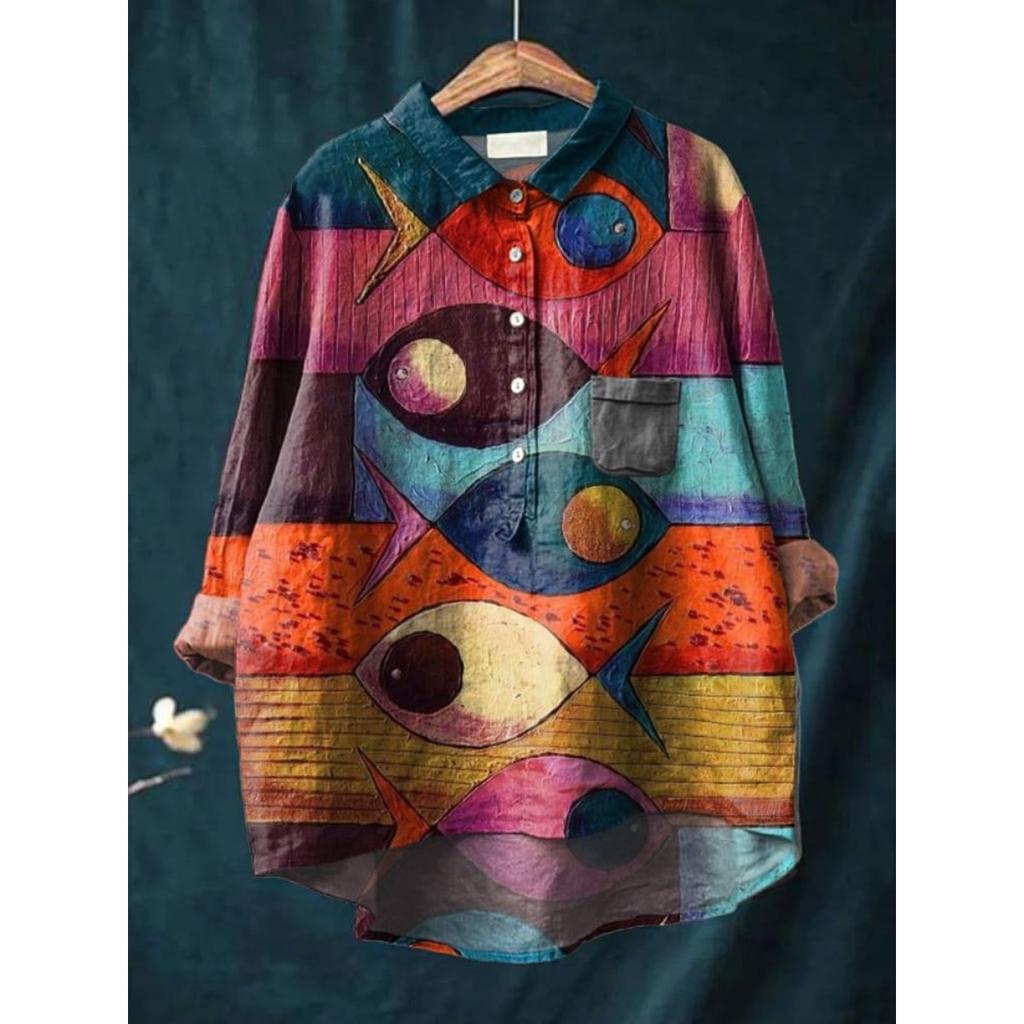 Женская повседневная свободная рубашка на пуговицах с цветочным принтом - Узор 'Косяк рыб'