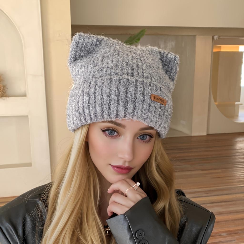1 шт. шикарная кожаная шапка-бини с ушками - женские вязаные аксессуары для путешествий на свежем воздухе - утолщенная теплая однотонная повседневная шапка для зимы