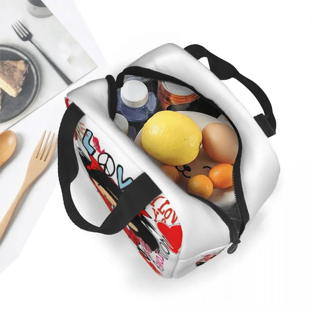 Love Peace And Mafalda Insulated Lunch Bags Thermal Bag Quino Argentina Cartoon Tote Lunch Box Food Storage Bags School Picnic