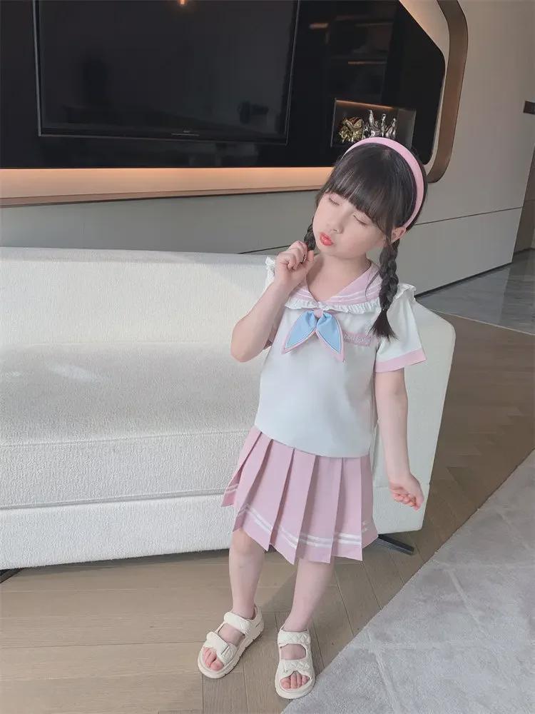 Корейский женский костюм в стиле JK с коротким рукавом для колледжа: Летний комплект из двух предметов: юбка в складку и рубашка для детей