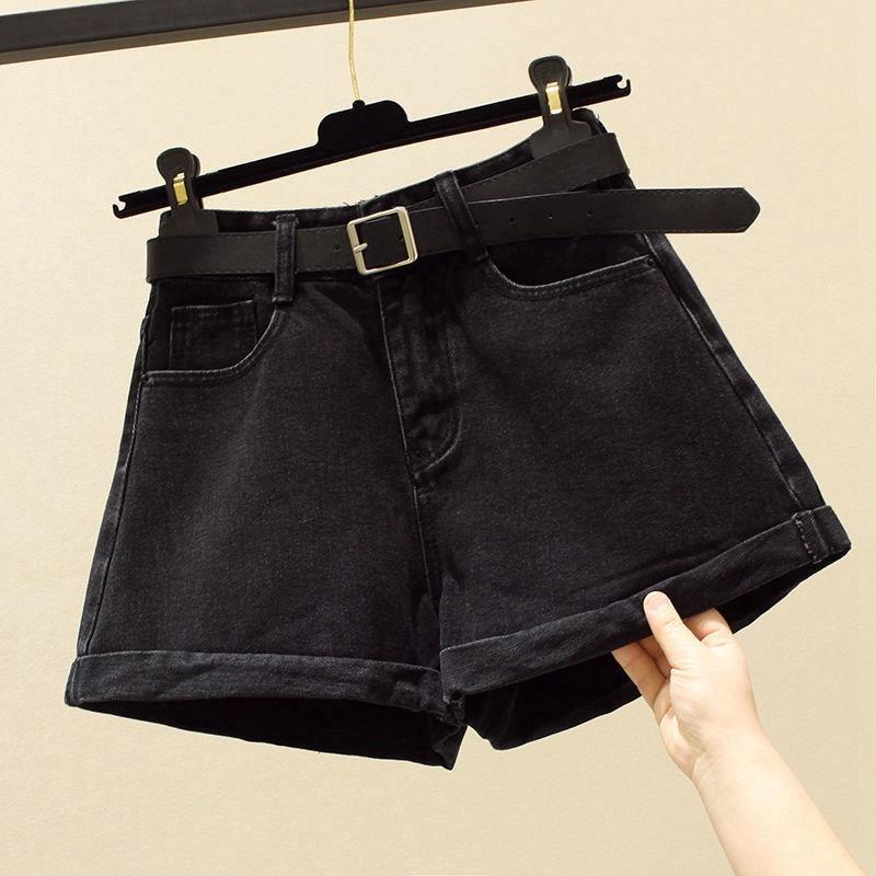Classic and Minimalist Fashion Versatile Summer High-waisted Black Gray Female Rolled Edge Loose Thin A-line Wide-leg Denim Shorts Individuality