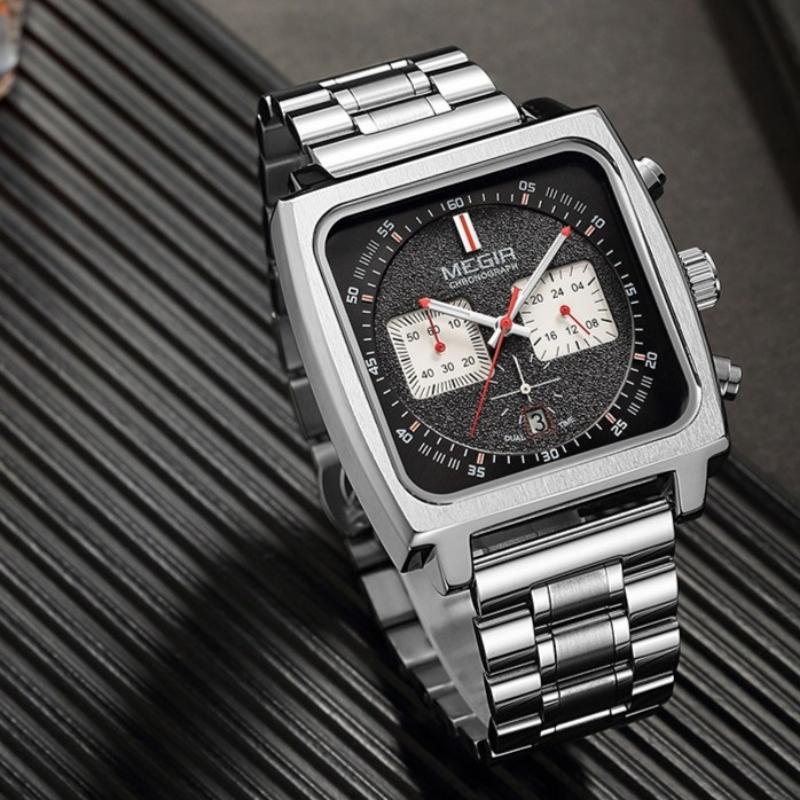 Men’s Square Quartz Watch Chronograph Multifunction Waterproof Luminous Calendar Business Stainless Steel Wristwatch