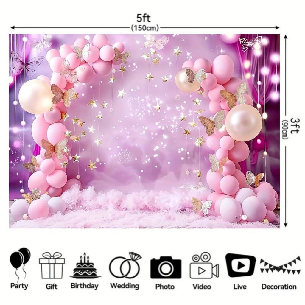 Elegant background fabric, suitable for parties: pink balloons, sparkling gold stars, and butterflies