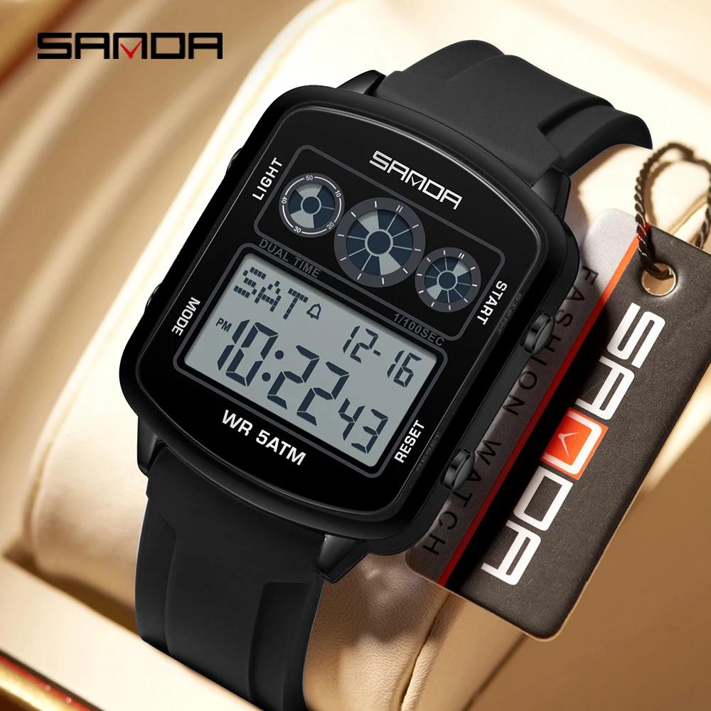 SANDA Brand 6503 Fashionable Square Timer Electronic Watch, Student Alarm Clock, Multifunctional Waterproof Sports Men's Watch