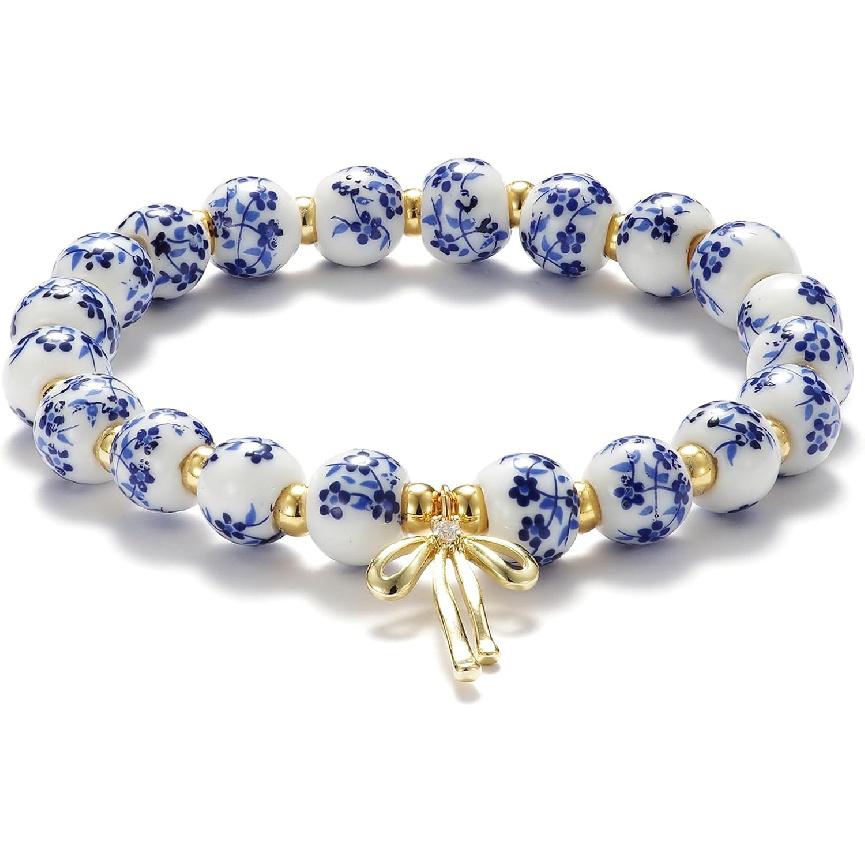 Beaded Bracelets for Women,Bow Charm Blue Flower Gold Plated Jewelry Women