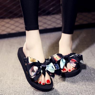 Высота каблука 3 см. Женские летние модные пляжные шлепанцы с бантом. Шлепанцы на платформе.