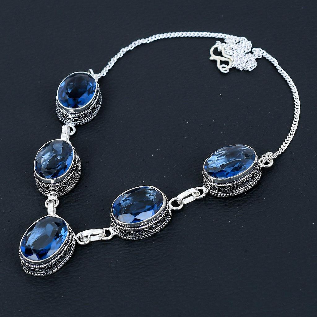 Ожерелье ручной работы из стерлингового серебра 925 пробы с лондонским голубым топазом, антикварное ювелирное ожерелье, колье с лондонским голубым топазом для женщин, для подарков