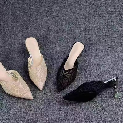 Полушлепанцы баотоу со стразами женские на тонком каблуке летние новые туфли на высоком каблуке хрустальный каблук с вырезами без пятки