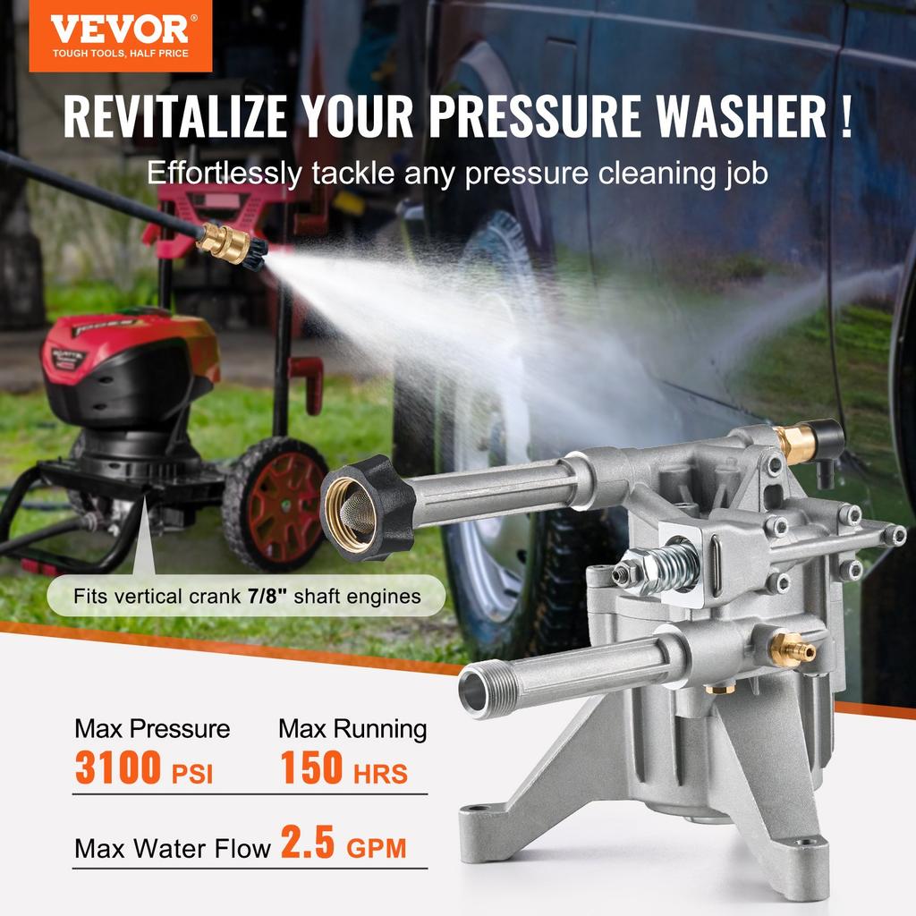 VEVOR Pressure Washer Pump, 22mm(7/8") Shaft Vertical, 214 bar(3100 PSI), 9.5 L/min(2.5GPM), Replacement Power Washer Pumps Kit with 5 Nozzles