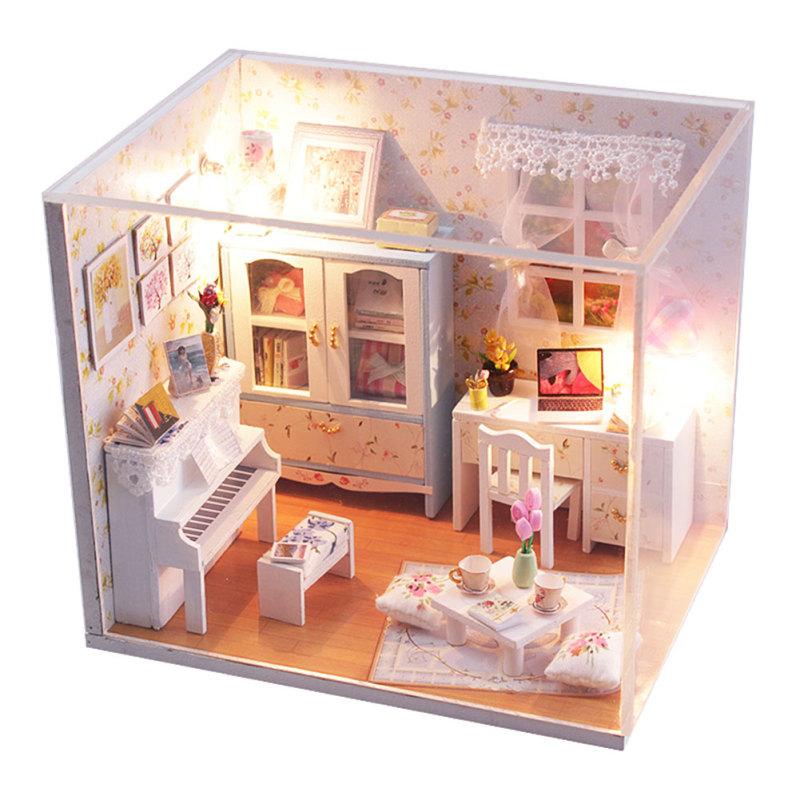 Dollhouse Miniature DIY House Kit Wood Cute Room with LED Furniture and Cover Girl Gift Toy, Summer