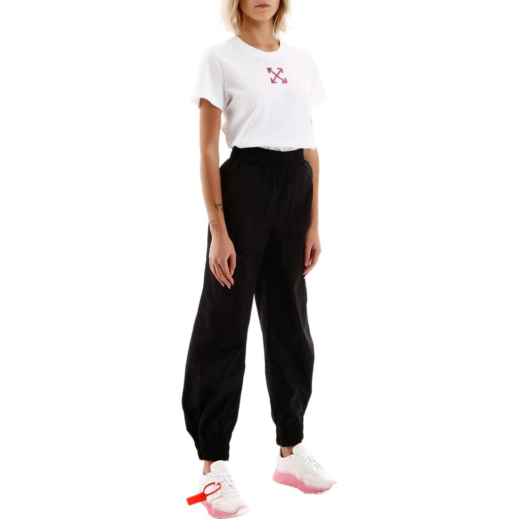 Off-White Хлопковая футболка с принтом логотипа-стрелки, круглым вырезом, коротким рукавом, женские топы, белая OWAA049R20B071000128