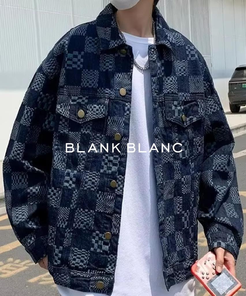 G Jean Blouson Plaid Pattern Denim Верхняя одежда с воротником и карманом Plaid Pattern Street Осень Зима Весна Зима Уличный стиль Harajuku Повседневный Студенческий
