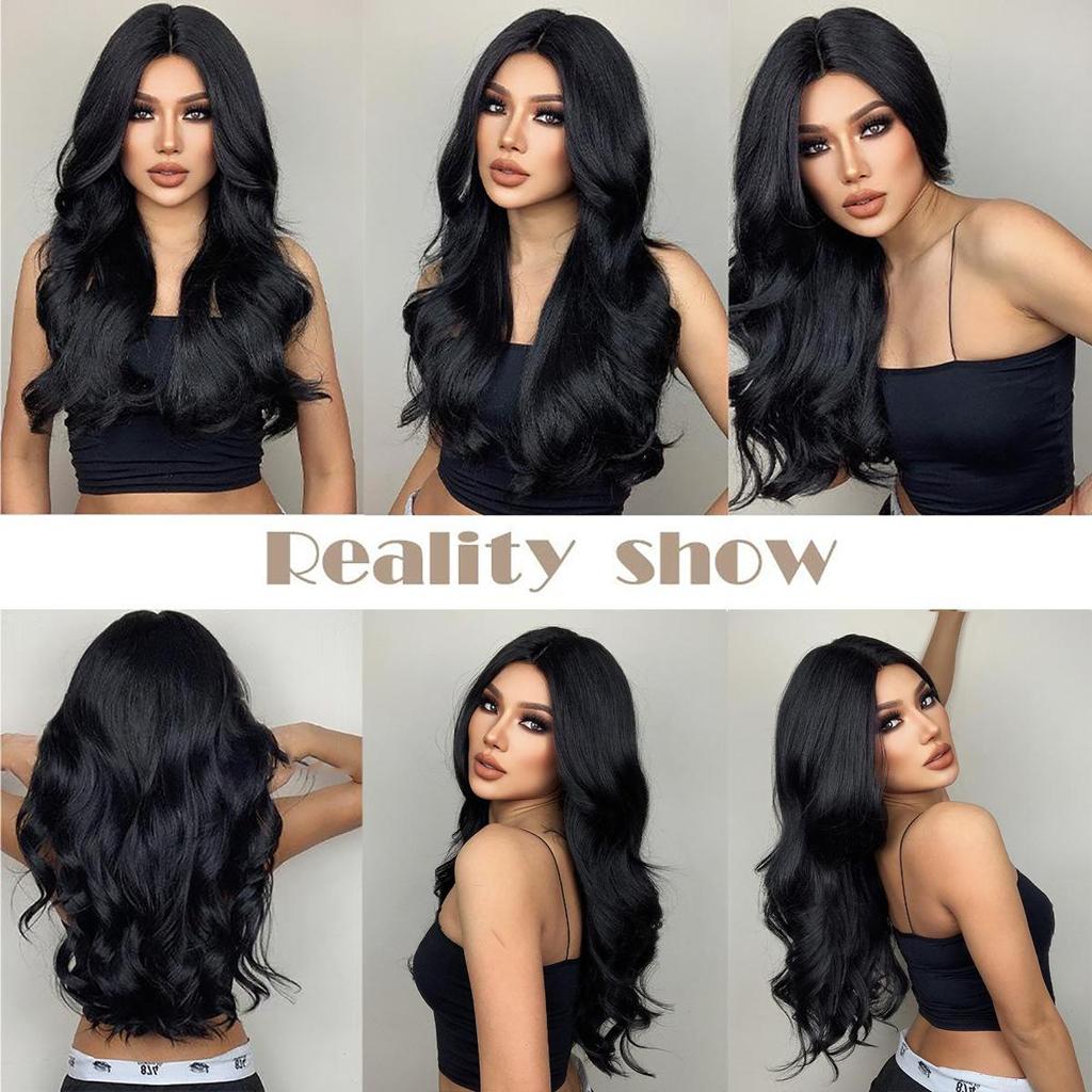 Women's 66cm Hair Black Long Curly Hair T-shaped Front Lace Rose Hair Net Headwear Pure Hand Woven Lace Wigs Kanekalon Wig