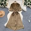 Fashion Maxi Single Breasted Dresses Women Summer Vintage Solid Robe Femme  V Neck Bandage Elegant Dress