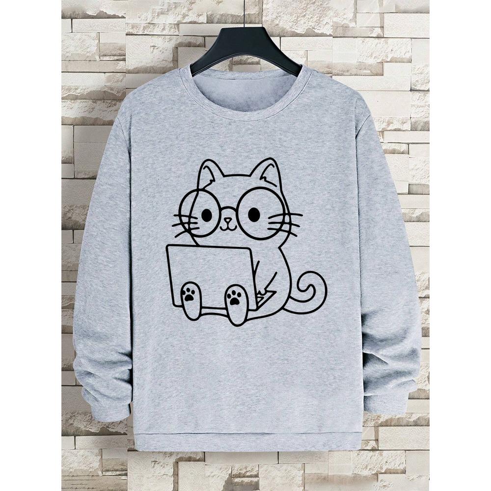 Мужская толстовка с принтом «Джентльмен Кот на работе» Свободная толстовка с капюшоном Осенняя толстовка с капюшоном Модная уличная одежда Пуловер с круглым вырезом Мужская одежда