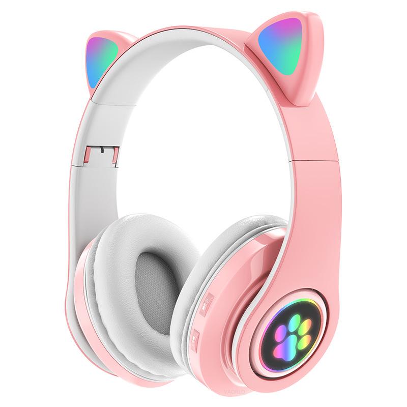 Cute Cat Ear Headphones Bluetooth 5.0 Wireless Game Headset Bass Noise Cancelling Stereo HiFi Music Support TF Card Casco Mic Girl Gift Pink
