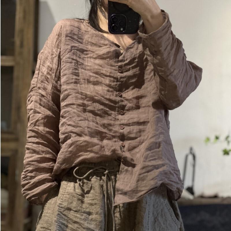 Johnature Женские винтажные рубашки рами, футболки, осенние блузки с круглым вырезом и длинными рукавами, свободные однотонные рубашки высокого качества