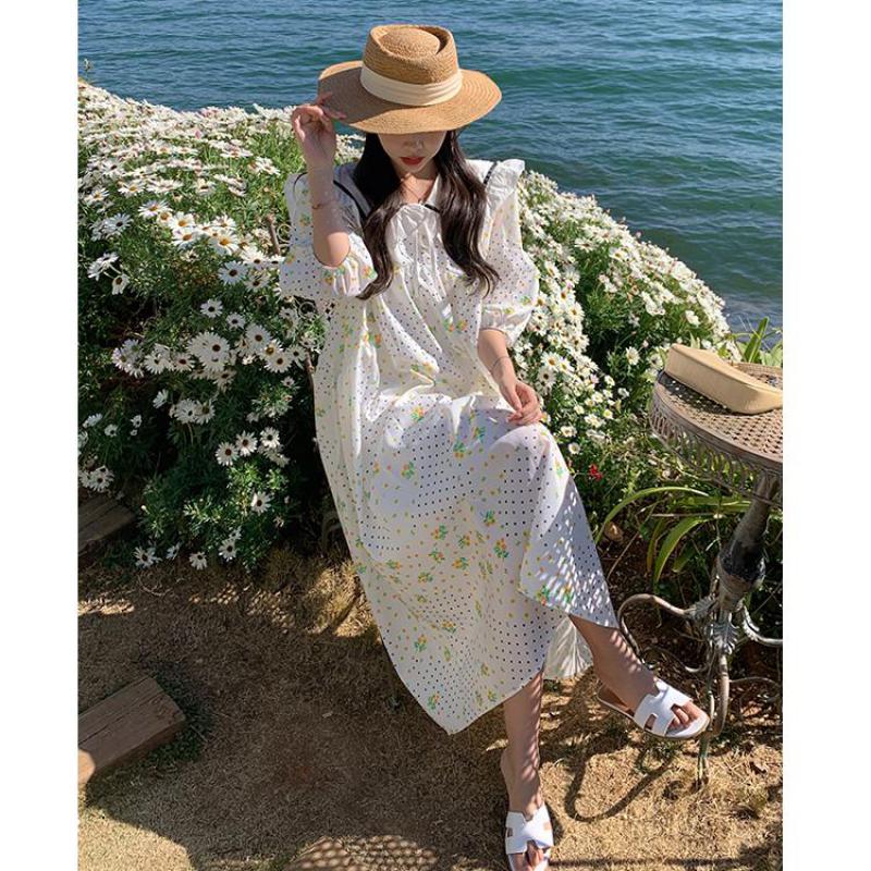 Летние платья во французском стиле с милой волной и цветочным принтом для женщин, большие женские платья с короткими рукавами